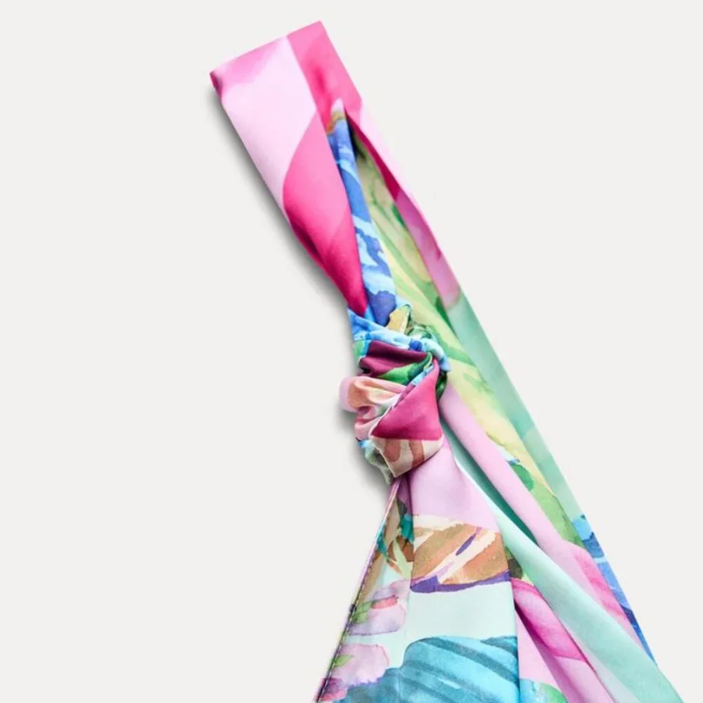 Zara Satin Effect Tropical Scarf Print Midi Dress